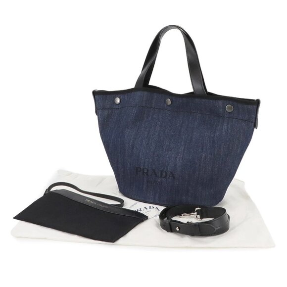 PRADA Small 2way Tote Shoulder Bag Denim Leather Blue Black 1BG244 90288928 - Picture 1 of 11